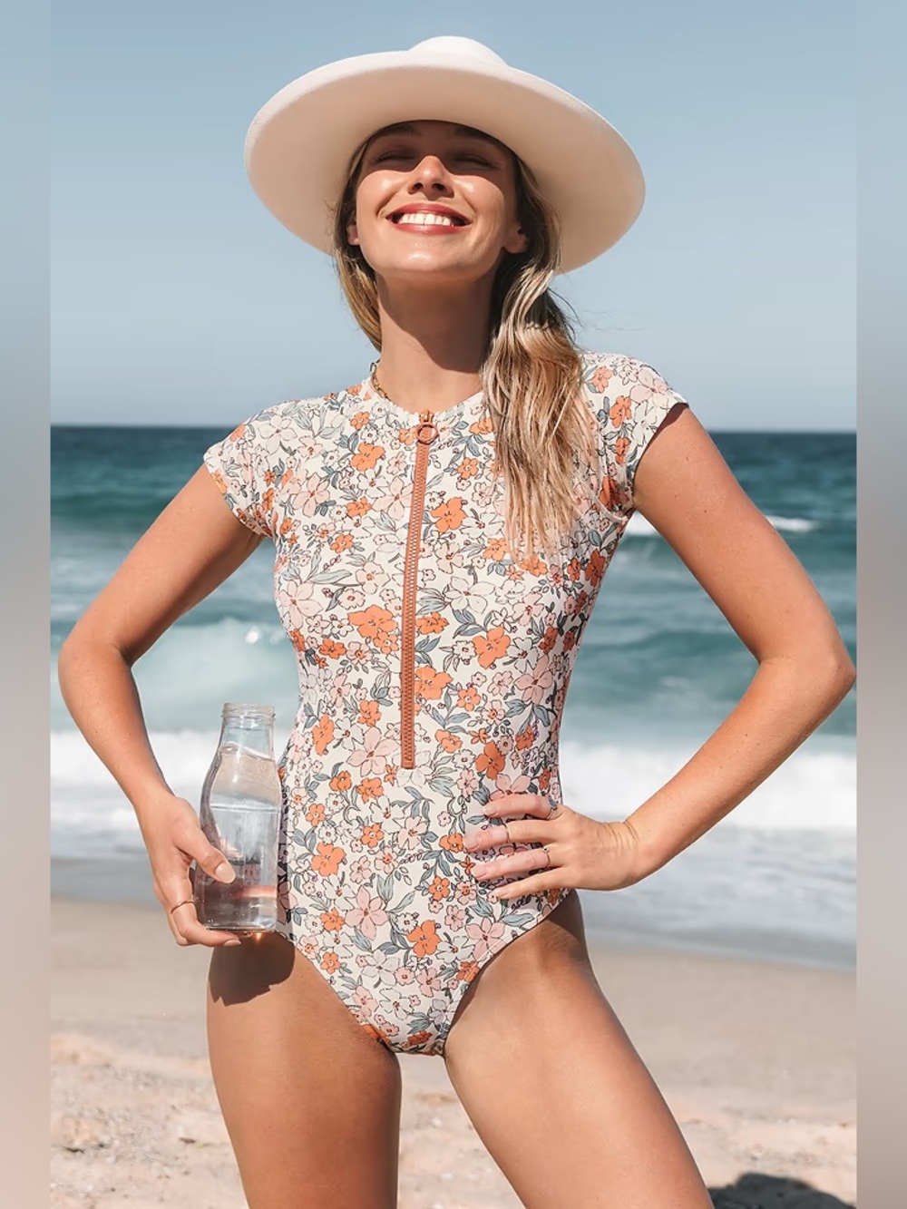 Cupshe Floral Orange & Cream Cap Sleeve One-Piece Swimsuit with Front Zip
